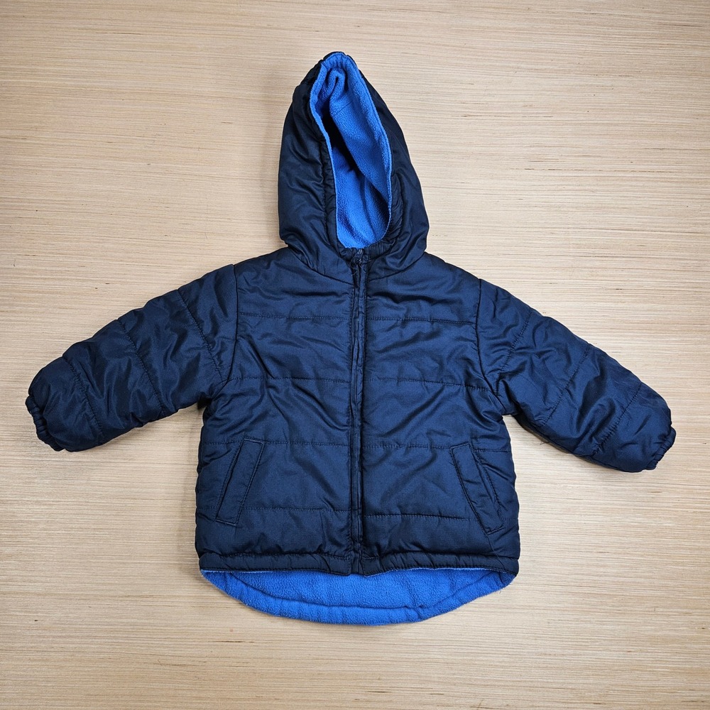 Kids Reversible Fleece Hooded Puffer Jacket Baby 18M Navy Coat Faded Glory
